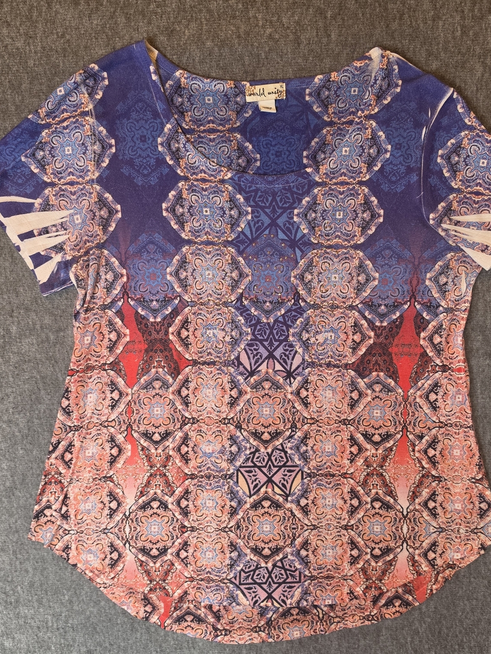 One World Womans Blouse XL Blue Pink Geometric Bohemian Hippie Fairy Farmhouse